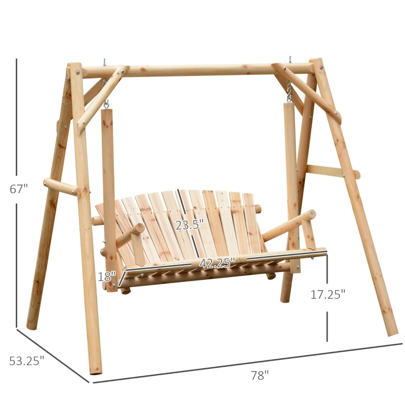 Outsunny 2-Seat Wooden Swing Bench, Ergonomic Design, 'A' Frame Construction, Stable and Non-Slip, Solid Wood Frame Log Garden Swing, for Outdoor and Indoor, Natural Wood