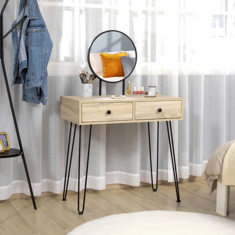 HOMCOM Vanity Table, Makeup Vanity Table with Round Mirror, 2 Drawers, Modern Dressing Table for Bedroom, Oak