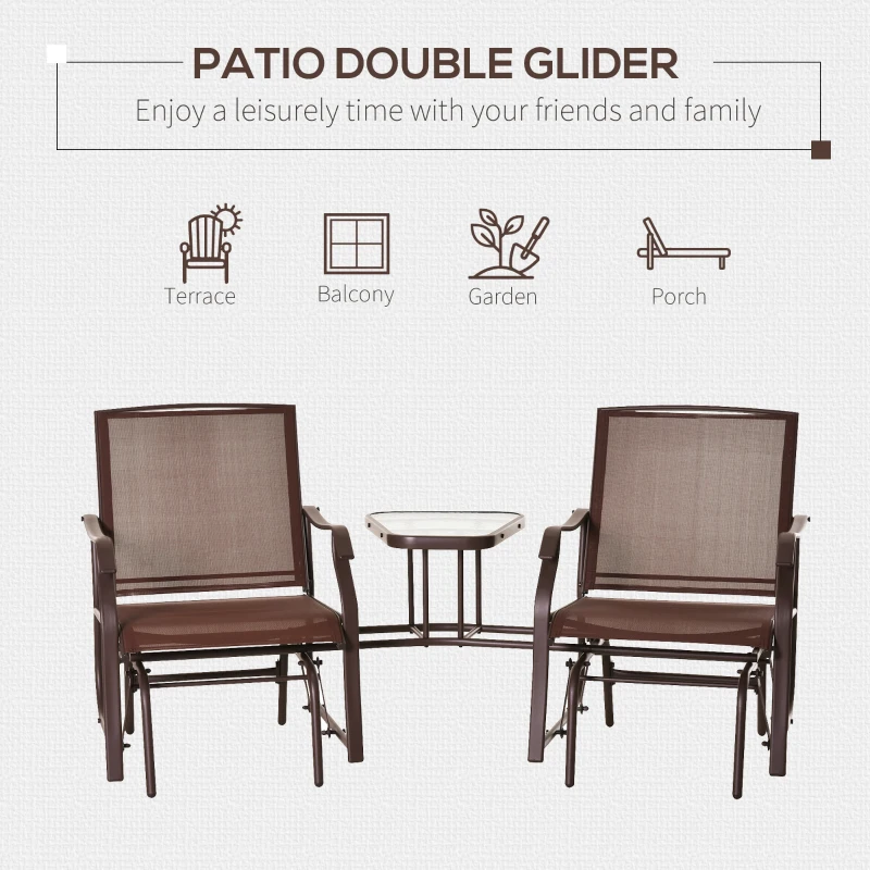Outsunny Outdoor Glider Chairs with Coffee Table, Patio 2-Seat Rocking Chair Swing Loveseat with Breathable Sling for Backyard, Garden, and Porch, Coffee Brown