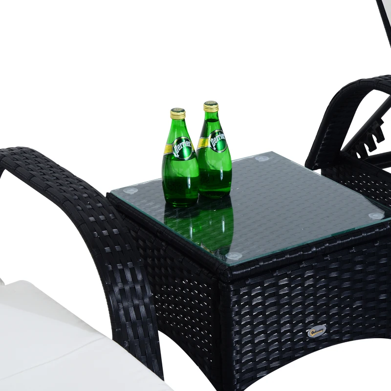 Outsunny Patio Rattan Lounge Set has a Wheeled Wicker Chaise Lounge Chair and A Table with A Tempered Glass Top, White