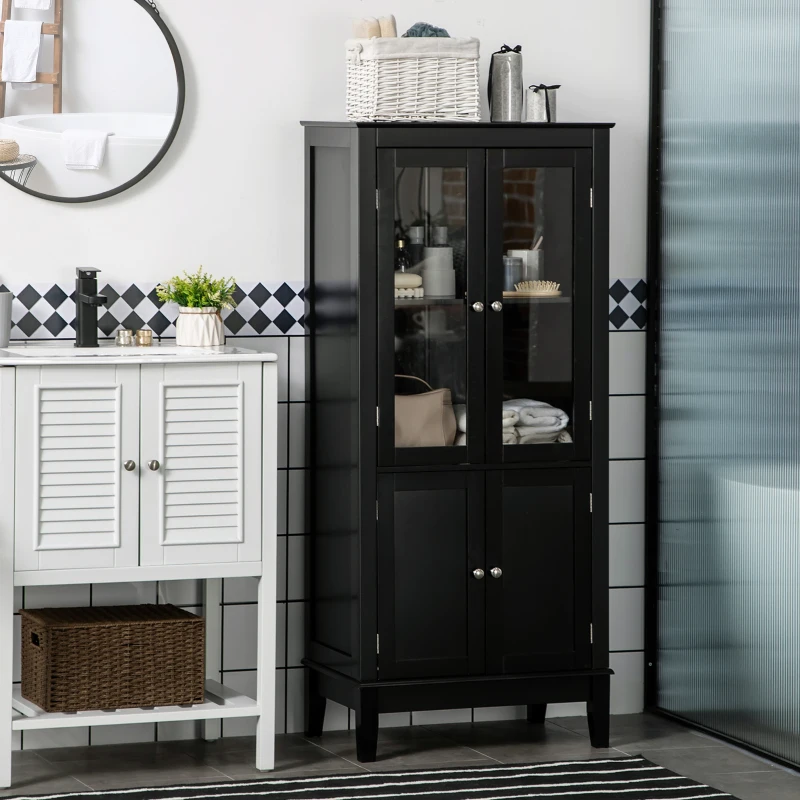 kleankin Bathroom Floor Cabinet with 2 Storage Cabinets, Tempered Glass Door, Freestanding Linen Tower with Adjustable Shelves for Living Room, Black