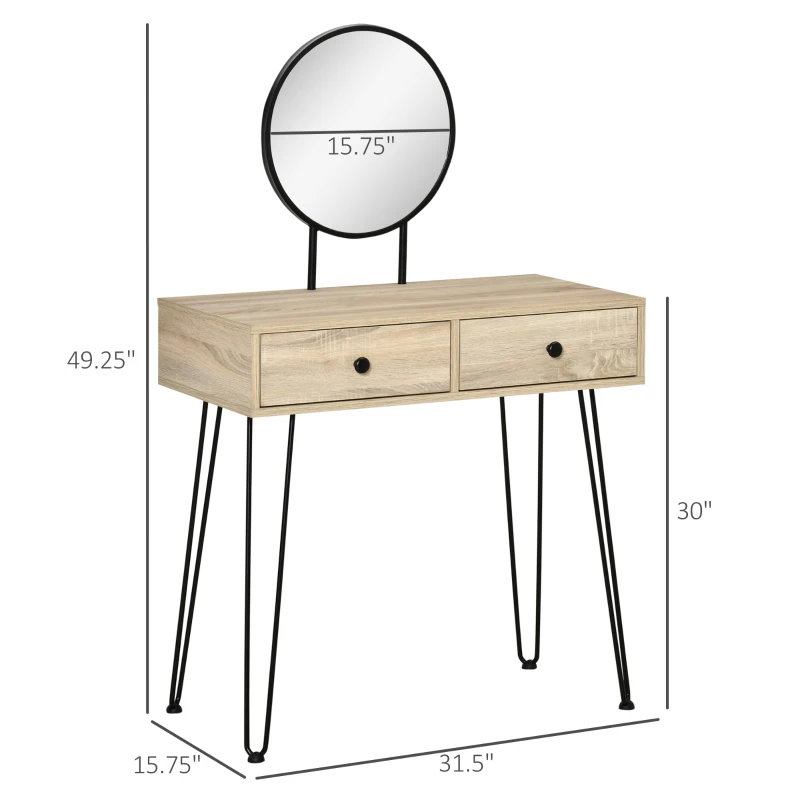 HOMCOM Vanity Table, Makeup Vanity Table with Round Mirror, 2 Drawers, Modern Dressing Table for Bedroom, Oak