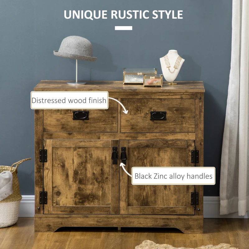 HOMCOM Industrial Sideboard Buffet Cabinet, Kitchen Cabinet with 2 Drawers, 2 Doors, Adjustable Shelf Coffee Bar Cabinet, Rustic Brown