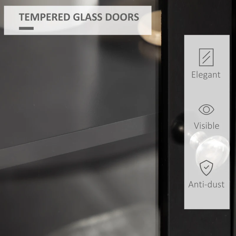 kleankin Bathroom Floor Cabinet with 2 Storage Cabinets, Tempered Glass Door, Freestanding Linen Tower with Adjustable Shelves for Living Room, Black