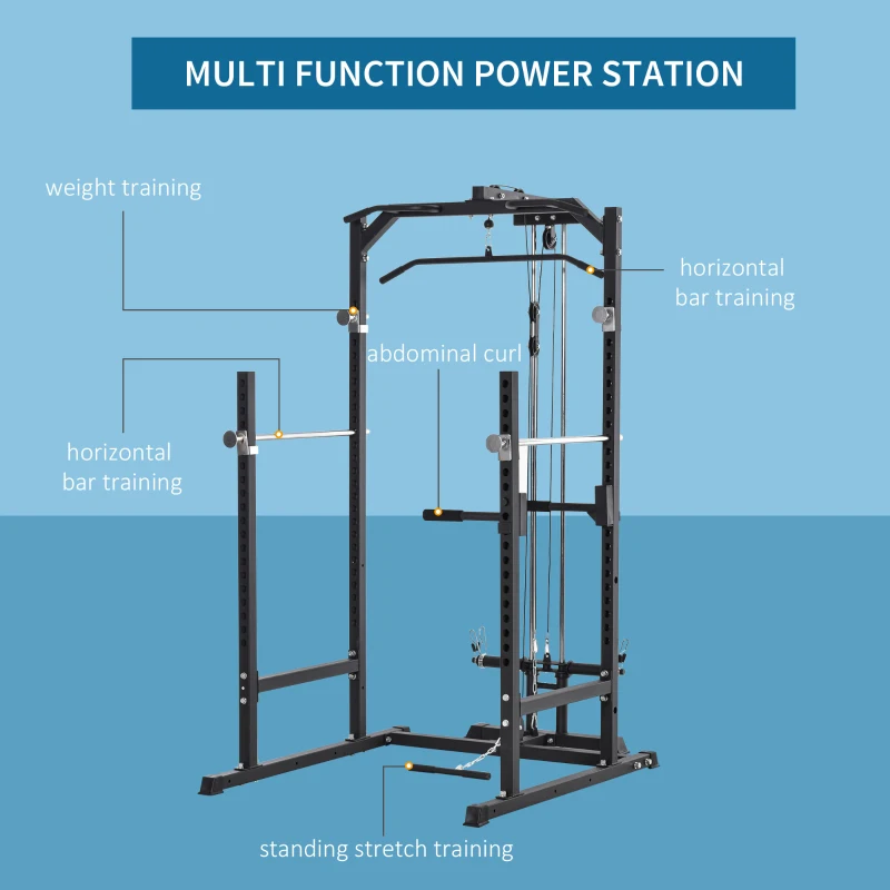 Soozier Power Cage, Power Rack with LAT Pulldown Attachment, Pull-up Bar, T Bar Row Landmine and Dip Handle, Strength Training Workout Station, for Home Gym, 800lbs Capacity