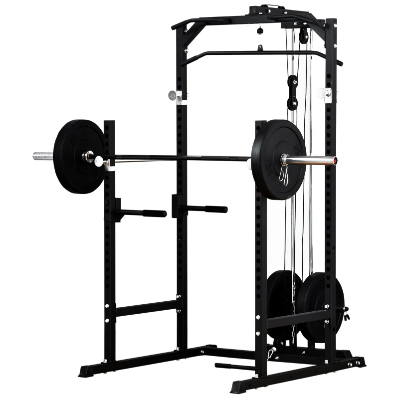 Soozier Power Cage, Power Rack with LAT Pulldown Attachment, Pull-up Bar, T Bar Row Landmine and Dip Handle, Strength Training Workout Station, for Home Gym, 800lbs Capacity