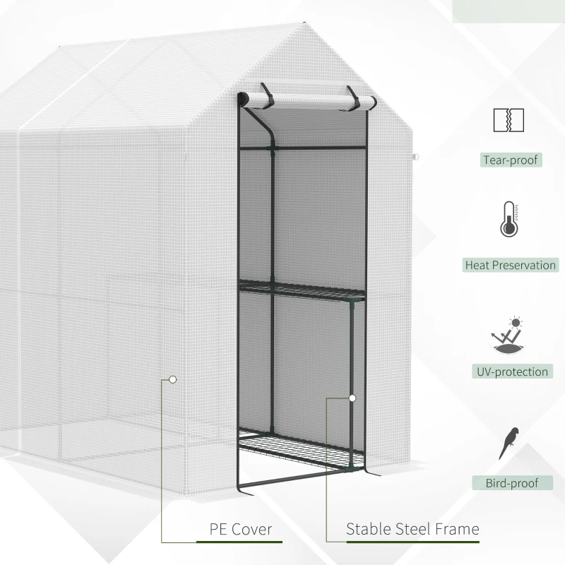 Outsunny 73" x 47" x 75" Walk-in Greenhouse Outdoor Portable Plant Flower Growth Warm House Garden Tunnel Shed w/ Roll-up Door and 2 Shelves White