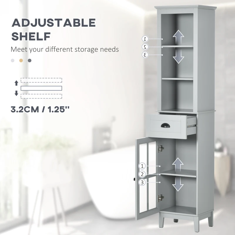 kleankin Slim Bathroom Storage Cabinet Door & Shelves Linen Tower, Gray