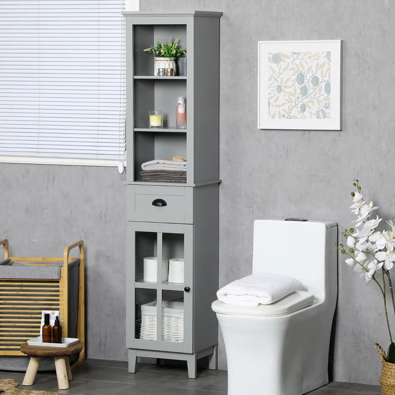 kleankin Slim Bathroom Storage Cabinet Door & Shelves Linen Tower, Gray
