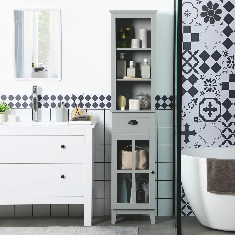 kleankin Slim Bathroom Storage Cabinet Door & Shelves Linen Tower, Gray