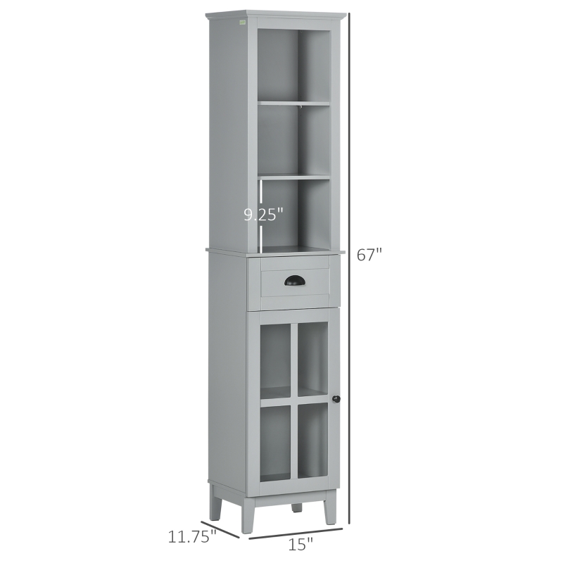 kleankin Slim Bathroom Storage Cabinet Door & Shelves Linen Tower, Gray