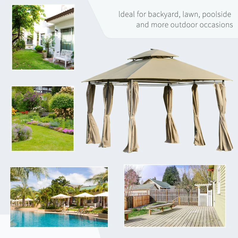 Outsunny 13' x 10' Outdoor Patio Gazebo Canopy with LED Solar Light, Double Tier Roof, Curtains, Steel Frame, Khaki