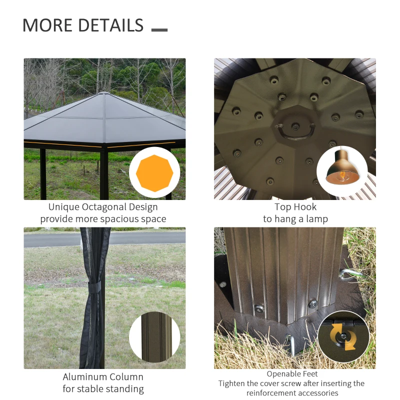 Outsunny 15' x 15' Polycarbonate Hardtop Gazebo Canopy Octagonal Heavy Duty Outdoor Pavilion, Netting Sidewalls, Brown