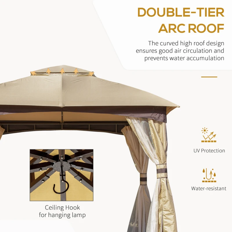 Outsunny 11' x 11' Steel Gazebo Canopy Party Tent Shelter with Double Roof, Netting Sidewalls, Corner Curtains, Beige