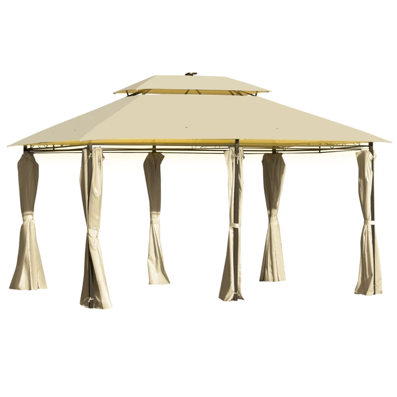 Outsunny 13' x 10' Outdoor Patio Gazebo Canopy with LED Solar Light, Double Tier Roof, Curtains, Steel Frame, Khaki