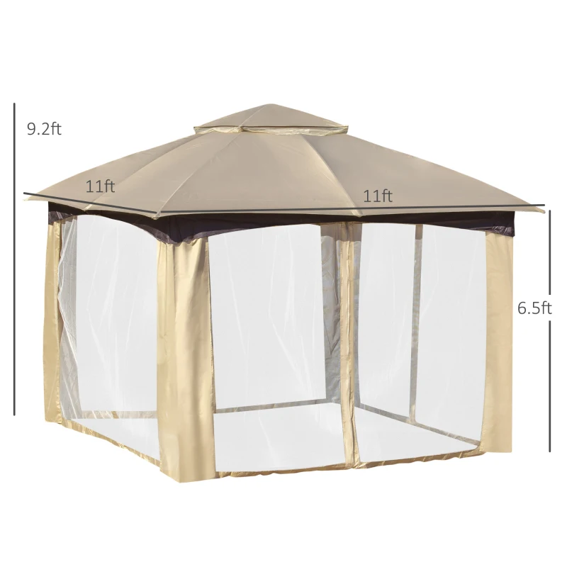 Outsunny 11' x 11' Steel Gazebo Canopy Party Tent Shelter with Double Roof, Netting Sidewalls, Corner Curtains, Beige