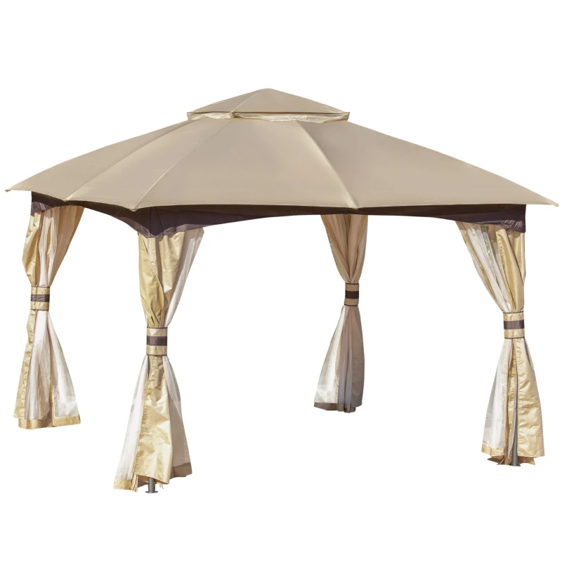 Outsunny 11' x 11' Steel Gazebo Canopy Party Tent Shelter with Double Roof, Netting Sidewalls, Corner Curtains, Beige
