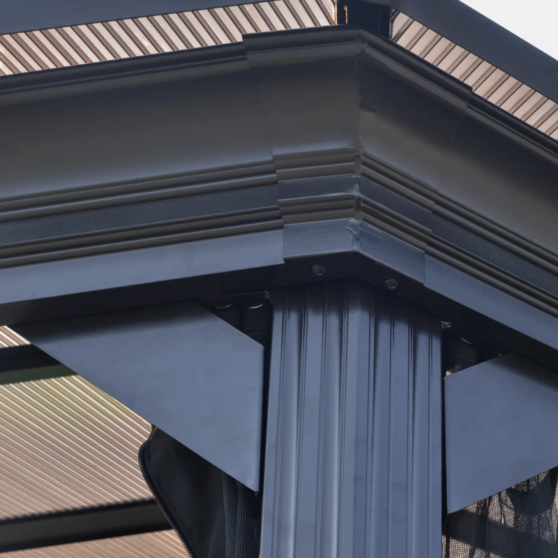 Outsunny 15' x 15' Polycarbonate Hardtop Gazebo Canopy Octagonal Heavy Duty Outdoor Pavilion, Netting Sidewalls, Brown