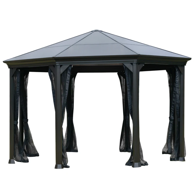 Outsunny 15' x 15' Polycarbonate Hardtop Gazebo Canopy Octagonal Heavy Duty Outdoor Pavilion, Netting Sidewalls, Brown
