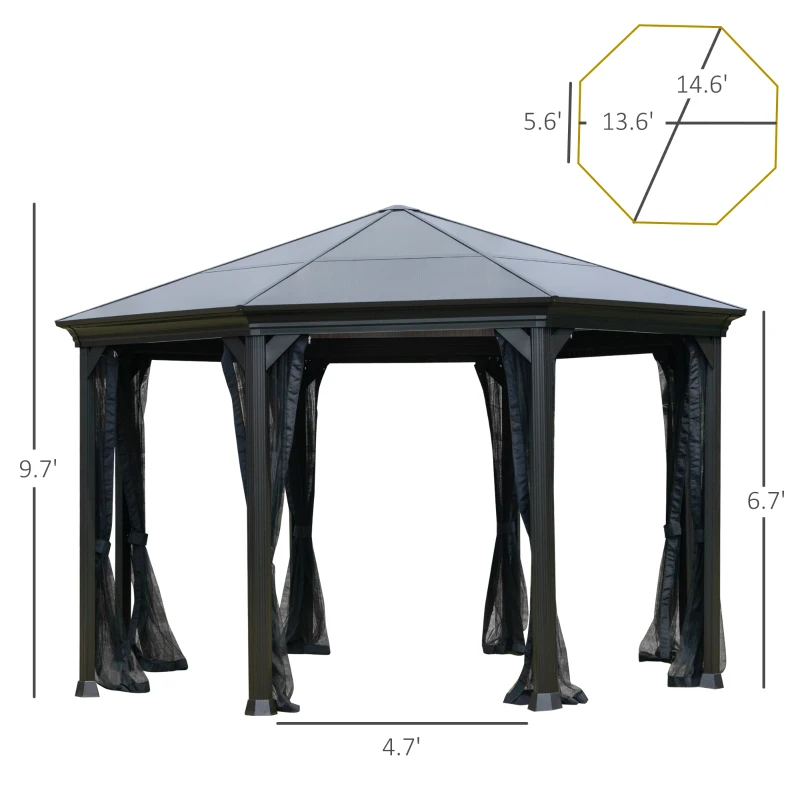 Outsunny 15' x 15' Polycarbonate Hardtop Gazebo Canopy Octagonal Heavy Duty Outdoor Pavilion, Netting Sidewalls, Brown
