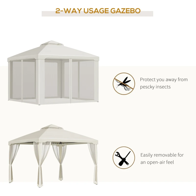 Outsunny 10' x 10' Patio Gazebo Outdoor Pavilion 2 Tire Roof Canopy Shelter Garden Event Party Tent Yard Sun Shade Steel Frame w/ Mosquito Netting Cream White