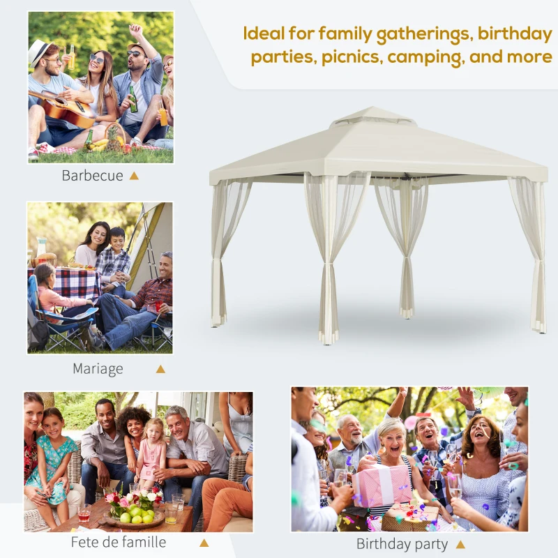 Outsunny 10' x 10' Patio Gazebo Outdoor Pavilion 2 Tire Roof Canopy Shelter Garden Event Party Tent Yard Sun Shade Steel Frame w/ Mosquito Netting Cream White