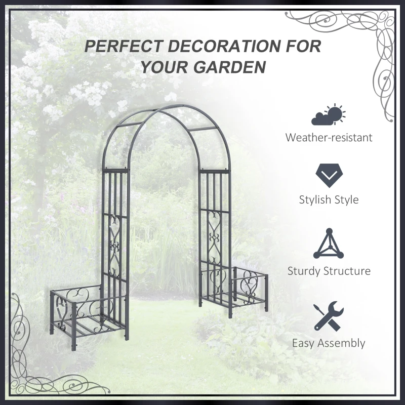 Outsunny 7FT Metal Garden Arch with 2 Planter Boxes, Decorative Outdoor Walkway Arbor for Climbing Vine Plants for Patio Backyard Lawn Party Ceremony, Dark Grey