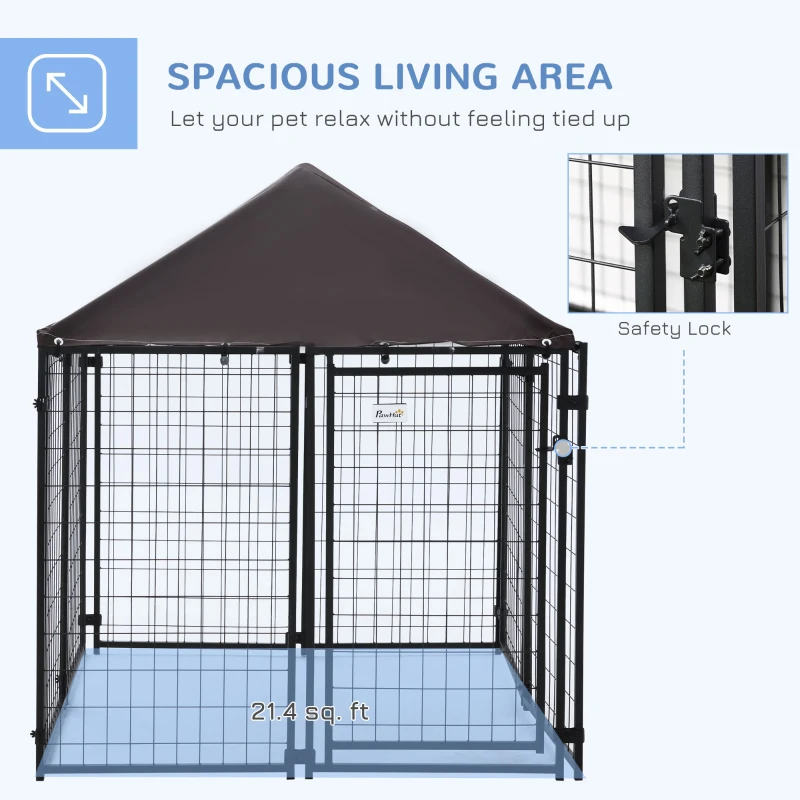 PawHut Outdoor Dog Kennel, Welded Wire Steel Fence, Lockable Pet Playpen Crate, with Water-, UV-Resistant Canopy Top, Door, 4.6ft x 4.6ft x 5ft, Black