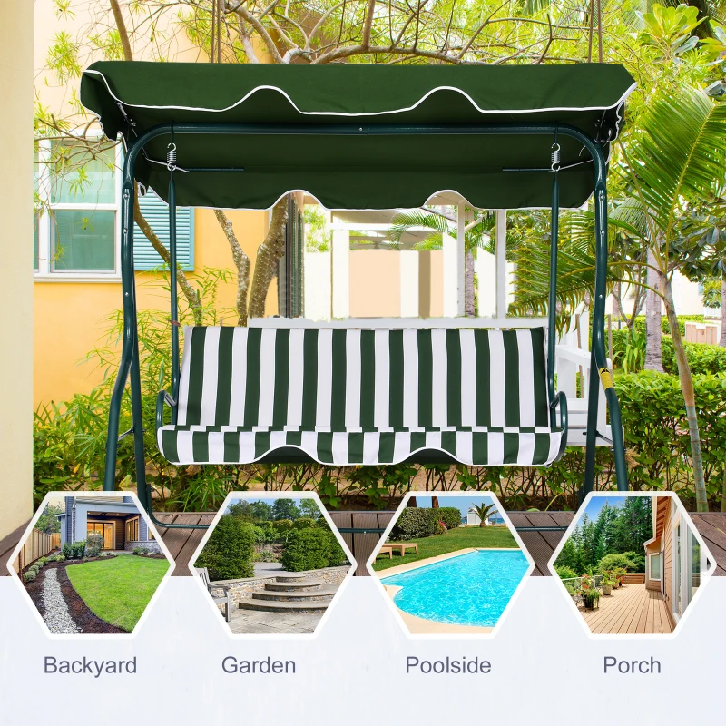 Outsunny 3-Seat Patio Swing, Outdoor Swing with Adjustable Canopy and Cushion for Garden, Poolside, Backyard, Green and White
