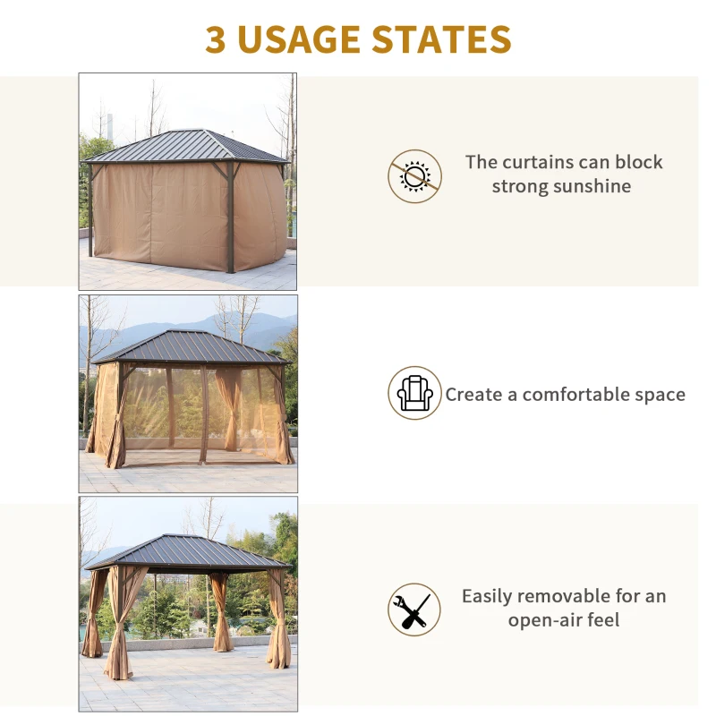 Outsunny 10' x 12' Hardtop Patio Deluxe Steel Gazebo Garden Sun Shelter Aluminum Frame Heavy Duty Outdoor Hardroof Pavilion with Curtains and Netting Brown