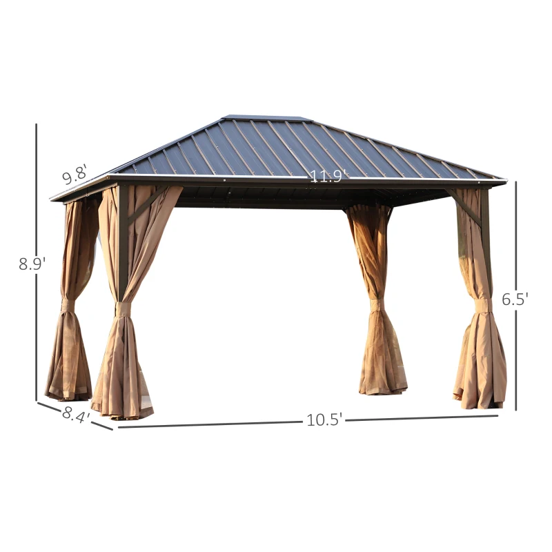 Outsunny 10' x 12' Hardtop Patio Deluxe Steel Gazebo Garden Sun Shelter Aluminum Frame Heavy Duty Outdoor Hardroof Pavilion with Curtains and Netting Brown