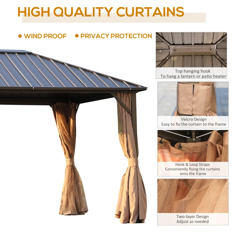 Outsunny 10' x 12' Hardtop Patio Deluxe Steel Gazebo Garden Sun Shelter Aluminum Frame Heavy Duty Outdoor Hardroof Pavilion with Curtains and Netting Brown