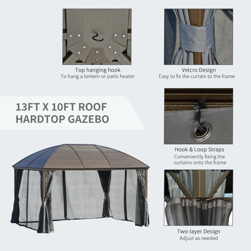 Outsunny 10' x 13' Hardtop Gazebo Aluminum Outdoor Canopy with Mesh Nettings Grey