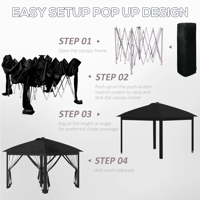Outsunny 11' x 11' Pop Up Canopy, Instant Canopy Tent with Solar LED Lights, Remote Control, Zippered Mesh Sidewalls and Carrying Bag for Backyard Garden Patio, Black