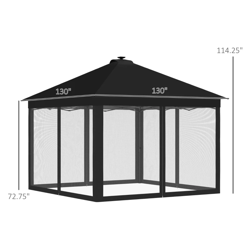 Outsunny 11' x 11' Pop Up Canopy, Instant Canopy Tent with Solar LED Lights, Remote Control, Zippered Mesh Sidewalls and Carrying Bag for Backyard Garden Patio, Black