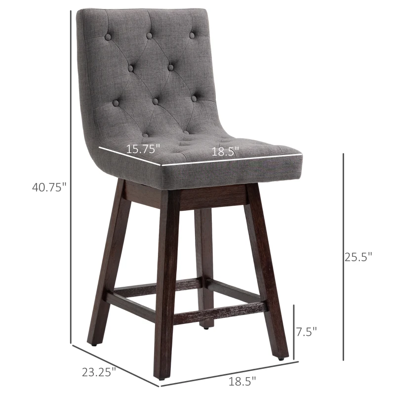 HOMCOM Bar Stools Set of 2, Swivel Bar Chairs, 25.5" High Fabric Tufted Breakfast Barstools for Kitchen Counter, Dark Grey