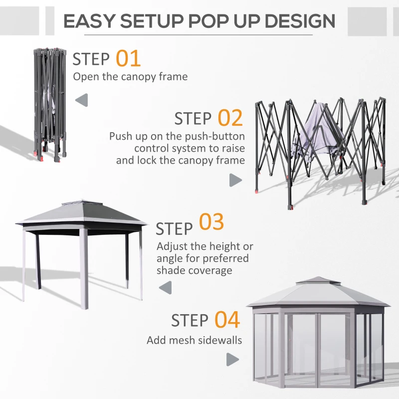 Outsunny 11' x 13' Pop Up Gazebo Canopy Tent with Zippered Mesh Sidewalls and Carrying Bag, Event Tent Shelter for Patio Garden Backyard, Gray
