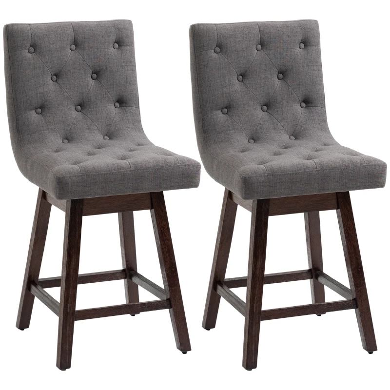 HOMCOM Bar Stools Set of 2, Swivel Bar Chairs, 25.5" High Fabric Tufted Breakfast Barstools for Kitchen Counter, Dark Grey