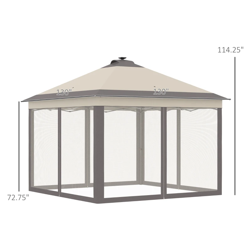 Outsunny 11' x 11' Pop Up Canopy, Instant Canopy Tent with Solar LED Lights, Remote Control, Zippered Mesh Sidewalls and Carrying Bag for Backyard Garden Patio, Beige