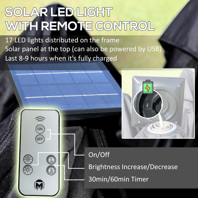 Outsunny 11' x 11' Pop Up Canopy, Instant Canopy Tent with Solar LED Lights, Remote Control, Zippered Mesh Sidewalls and Carrying Bag for Backyard Garden Patio, Black