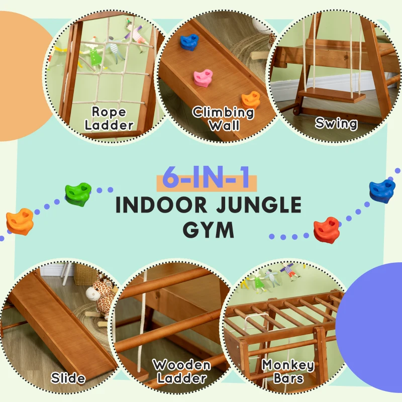 Qaba 6-in-1 Indoor Jungle Gym Playground with Slide, Climbing Wall, Rope Climber, Monkey Bars, Swing, Toddler Climbing Toys for 3-10 Years Old, Wood