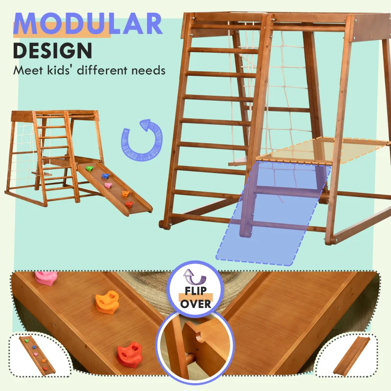 Qaba 6-in-1 Indoor Jungle Gym Playground with Slide, Climbing Wall, Rope Climber, Monkey Bars, Swing, Toddler Climbing Toys for 3-10 Years Old, Wood