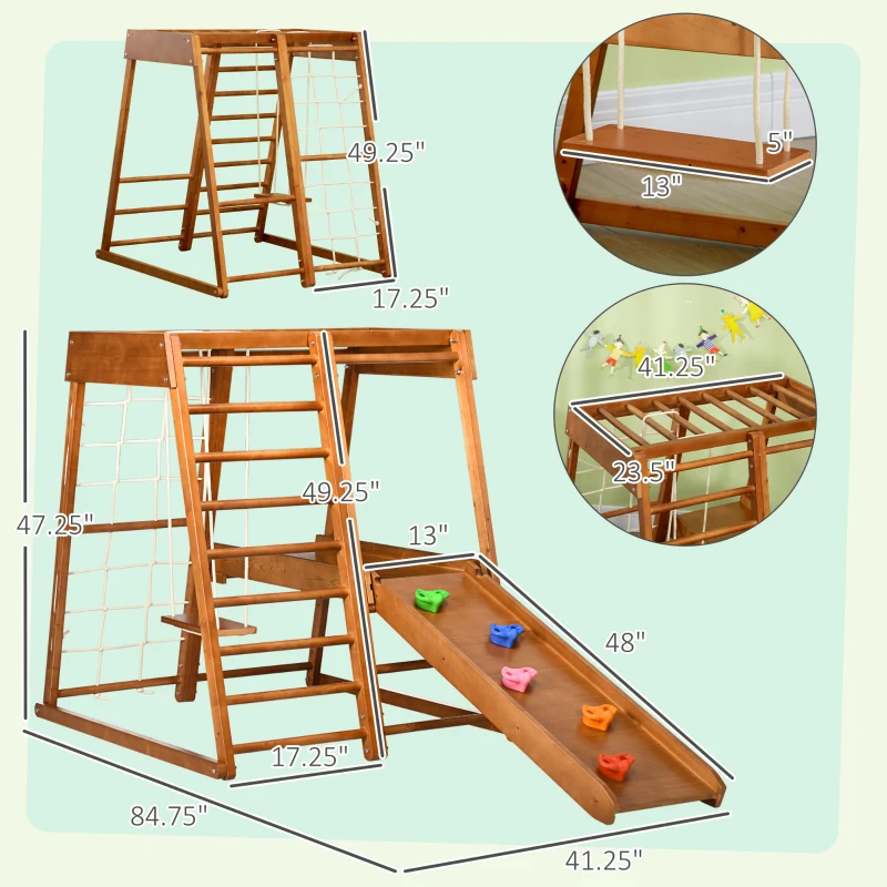 Qaba 6-in-1 Indoor Jungle Gym Playground with Slide, Climbing Wall, Rope Climber, Monkey Bars, Swing, Toddler Climbing Toys for 3-10 Years Old, Wood