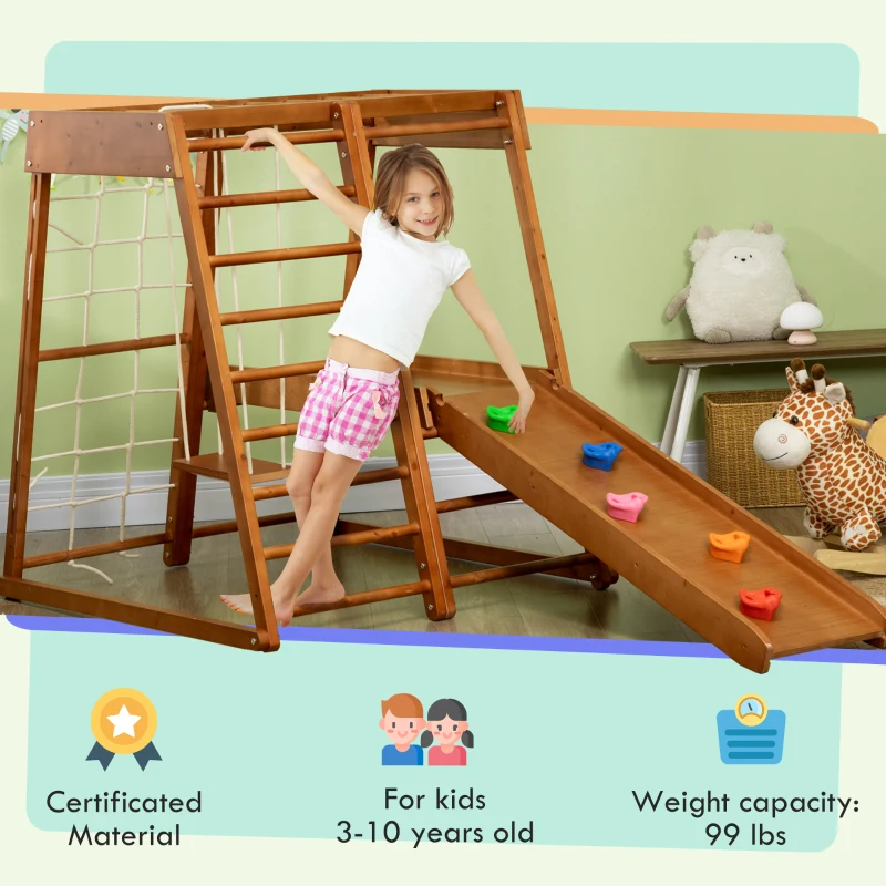 Qaba 6-in-1 Indoor Jungle Gym Playground with Slide, Climbing Wall, Rope Climber, Monkey Bars, Swing, Toddler Climbing Toys for 3-10 Years Old, Wood
