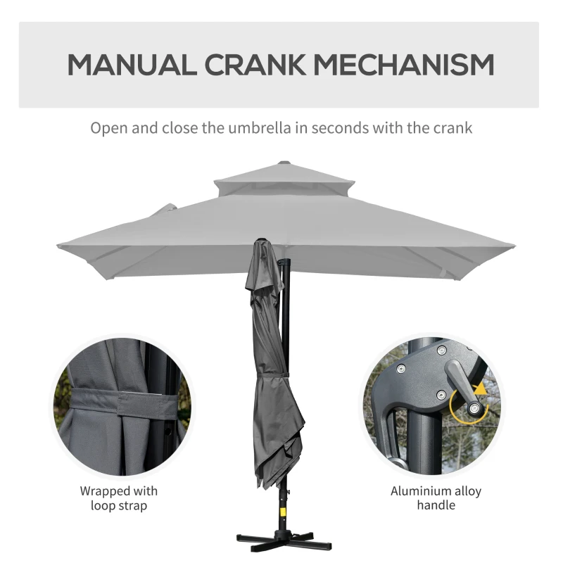 Outsunny 10' x 10' Cantilever Patio Umbrella, Double Top Square Offset Umbrella with 360° Rotation, 5 Adjustable Tilt Angles, Umbrella Cover, Aluminum Pole and Ribs, Charcoal Grey