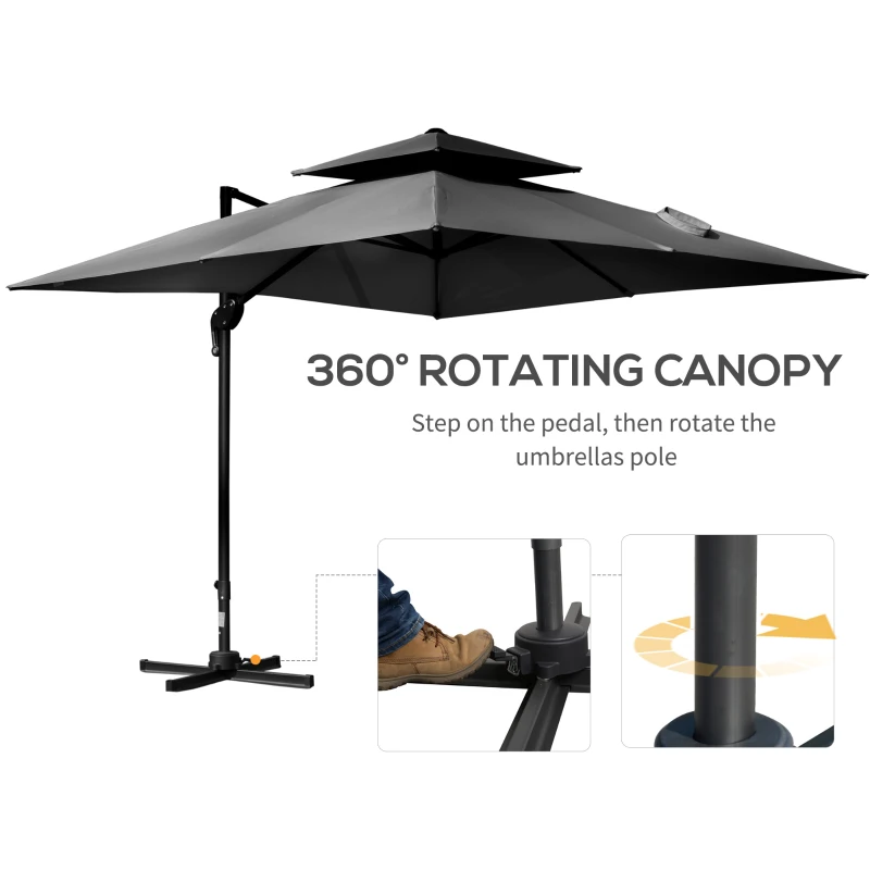 Outsunny 10' x 10' Cantilever Patio Umbrella, Double Top Square Offset Umbrella with 360° Rotation, 5 Adjustable Tilt Angles, Umbrella Cover, Aluminum Pole and Ribs, Charcoal Grey