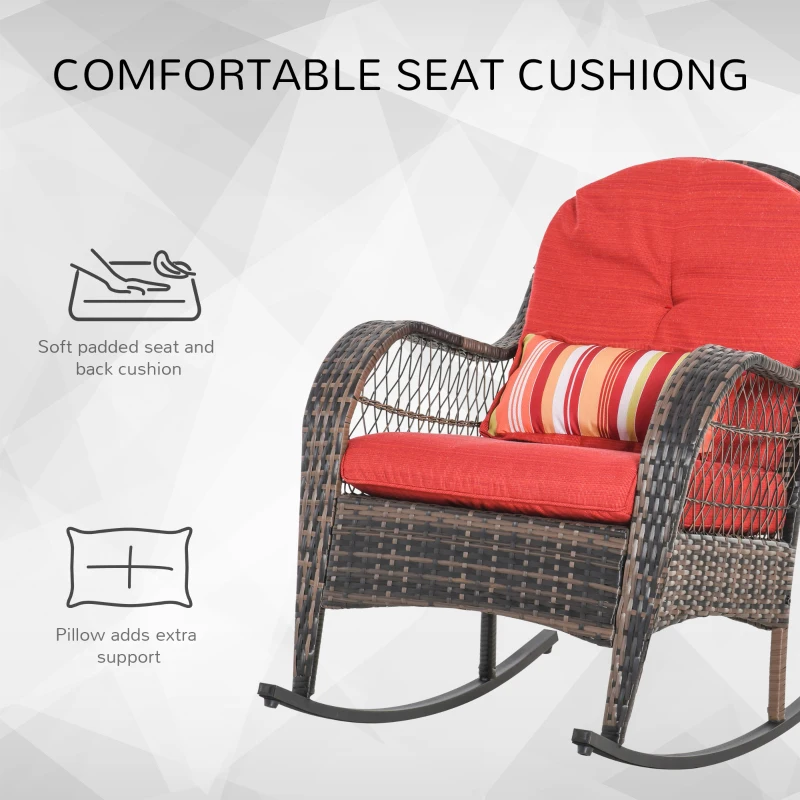 Outsunny Outdoor Rocking Chair with Seat and Back Cushion, Outdoor PE Rattan Garden Chair with Curved Armrests, for Porch, Backyard, Poolside, Red