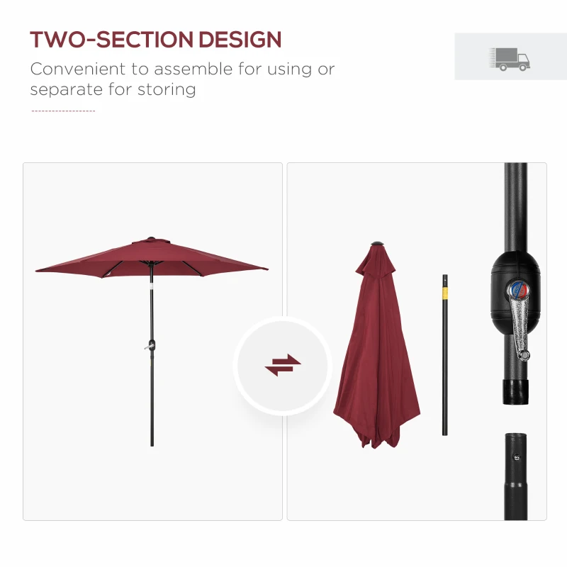 Outsunny 9' Round Aluminum Patio Umbrella 6 Ribs Market Sunshade Tilt Canopy w/ Crank Handle Garden Parasol Wine Red