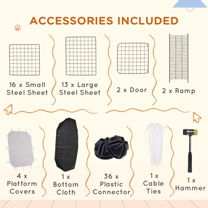 PawHut 31 Panels Pet Playpen with Water-resistant Cloth, Small Animal Playpen, Portable Metal Wire Yard for Ferrets, Chinchillas, Squirrels, with Doors, Ramps, Covered with Soft Fabric