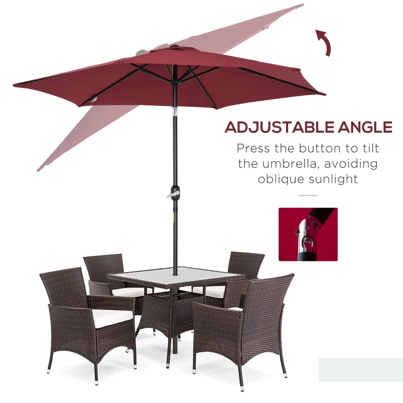 Outsunny 9' Round Aluminum Patio Umbrella 6 Ribs Market Sunshade Tilt Canopy w/ Crank Handle Garden Parasol Wine Red